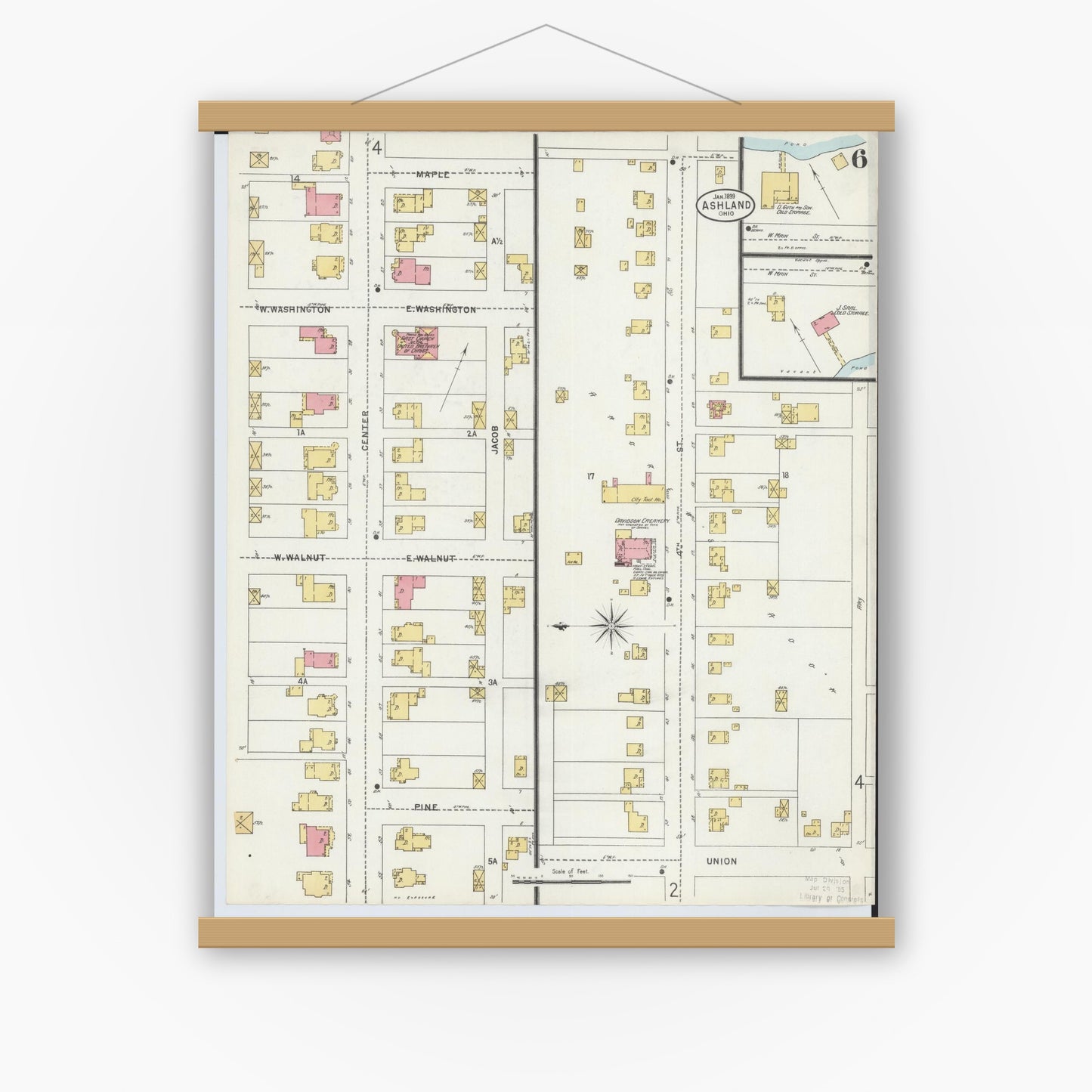 Old map wall art mockup — magnetic wood frame on white wall — Sanborn Fire Insurance Map from Ashland, Ashland County, Ohio (1899), Sheet #0006
