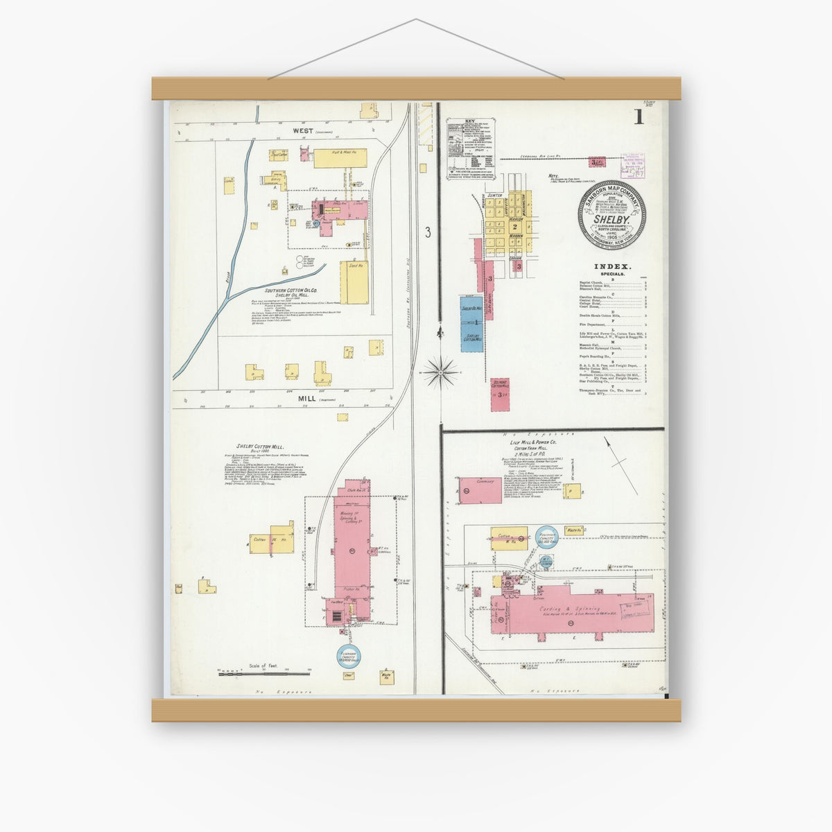 Old map wall art mockup — magnetic wood frame on white wall — Sanborn Fire Insurance Map from Shelby, Cleveland County, North Carolina (1905) - Complete Map Set