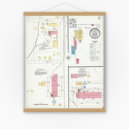 Old map wall art mockup — magnetic wood frame on white wall — Sanborn Fire Insurance Map from Shelby, Cleveland County, North Carolina (1905) - Complete Map Set