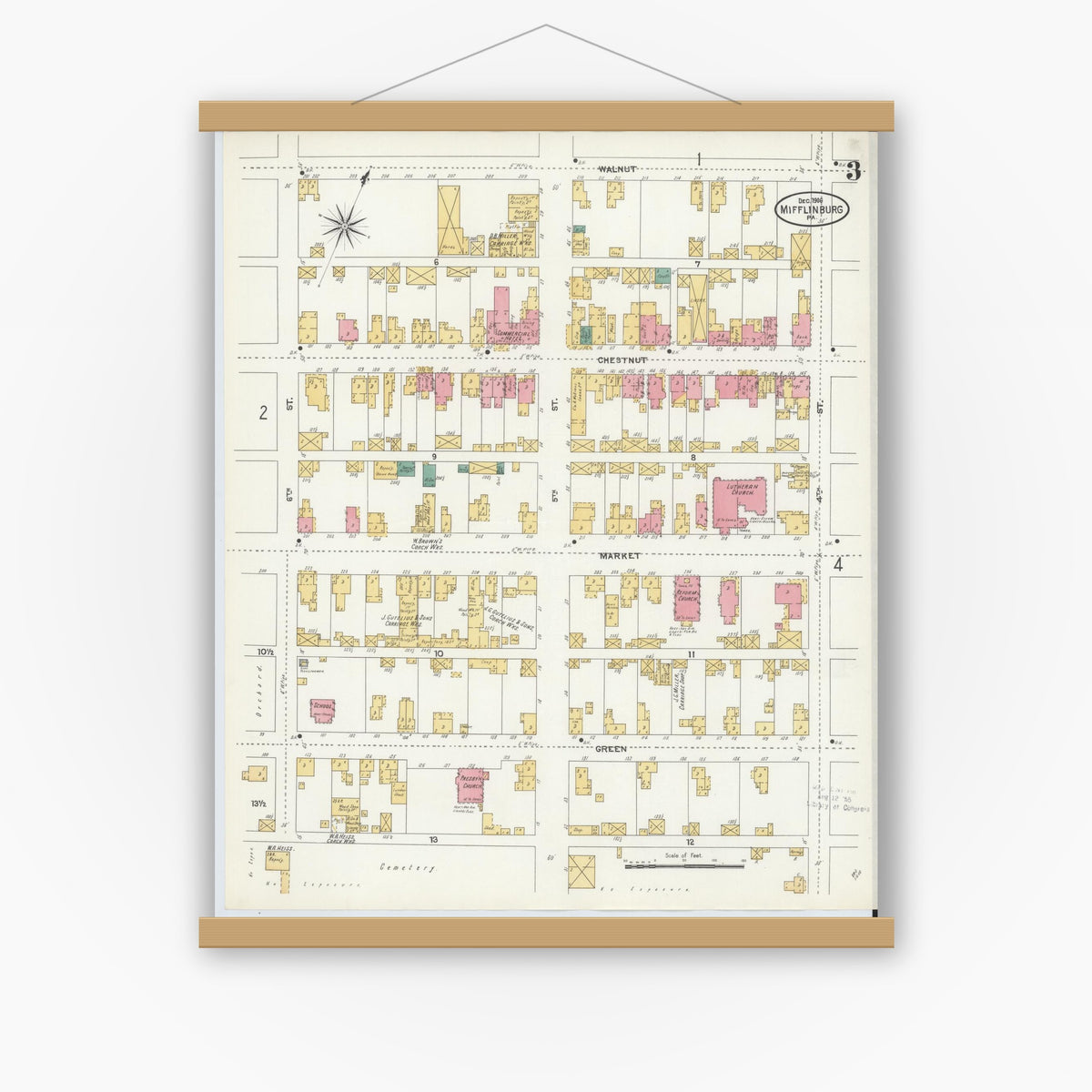 Old map wall art mockup — magnetic wood frame on white wall — Sanborn Fire Insurance Map from Mifflinburg, Union County, Pennsylvania (1906), Sheet #0003