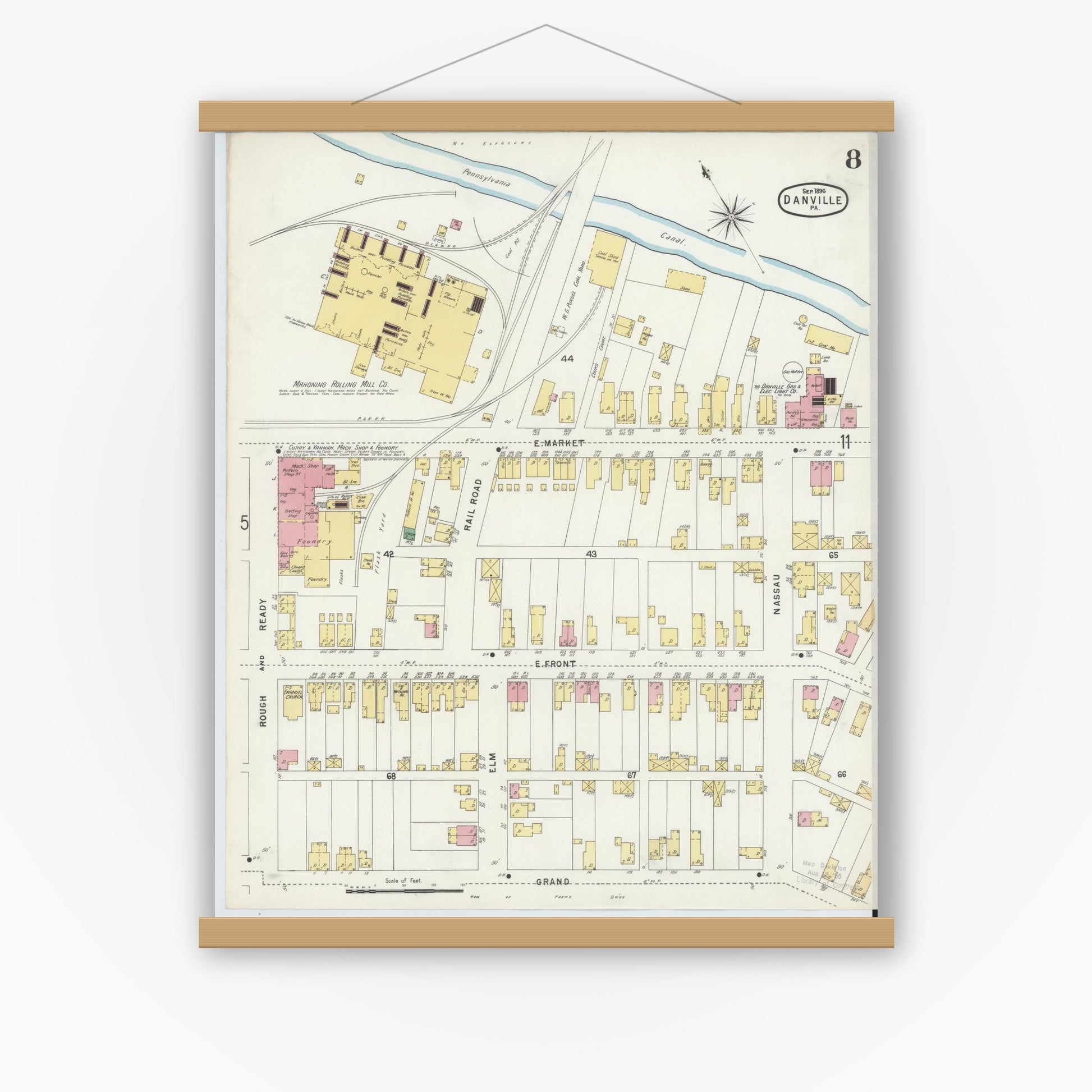 Old map wall art mockup — magnetic wood frame on white wall — Sanborn Fire Insurance Map from Danville, Montour County, Pennsylvania (1896), Sheet #0008