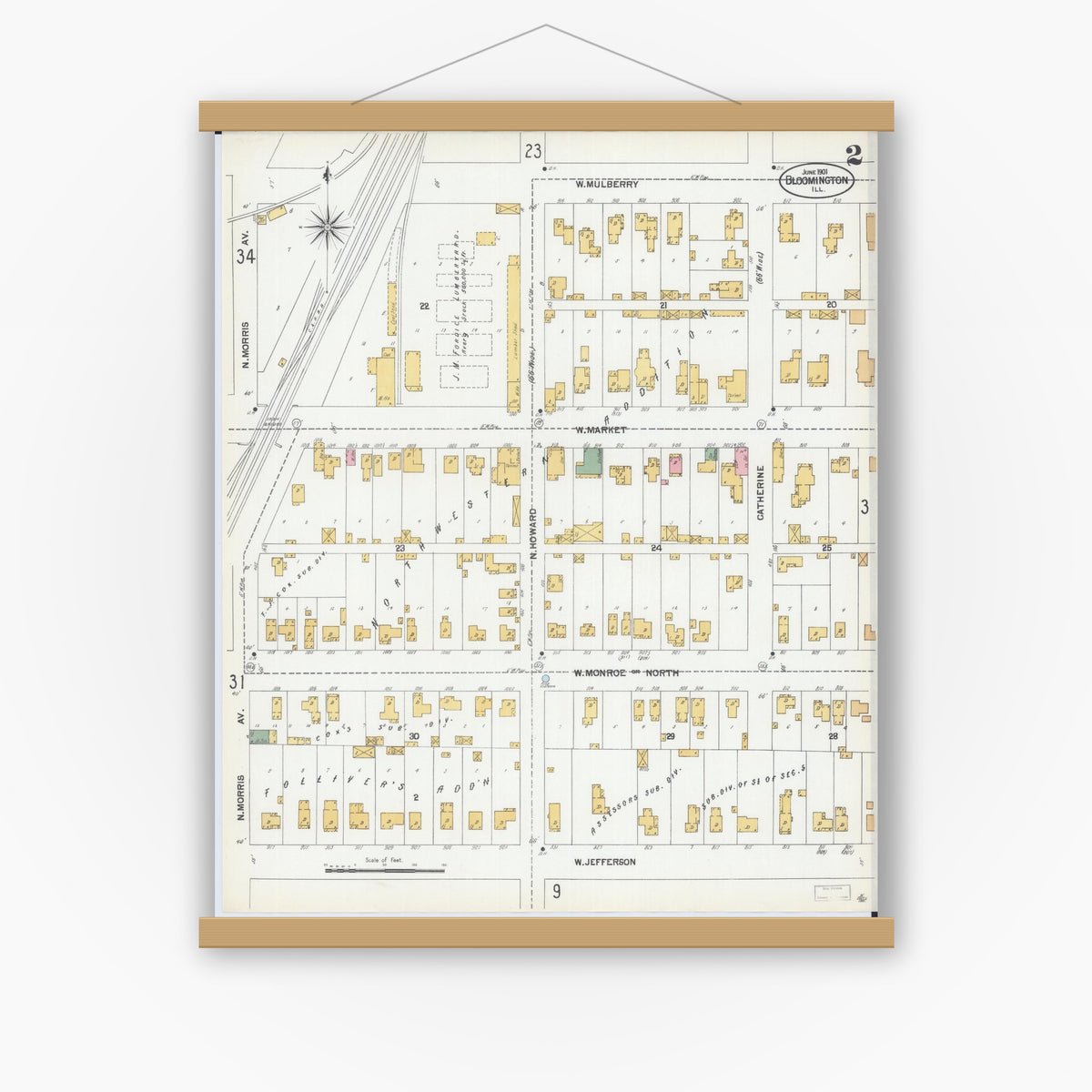 Old map wall art mockup — magnetic wood frame on white wall — Sanborn Fire Insurance Map from Bloomington, McLean County, Illinois (1901), Sheet #0002