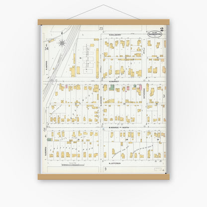 Old map wall art mockup — magnetic wood frame on white wall — Sanborn Fire Insurance Map from Bloomington, McLean County, Illinois (1901), Sheet #0002