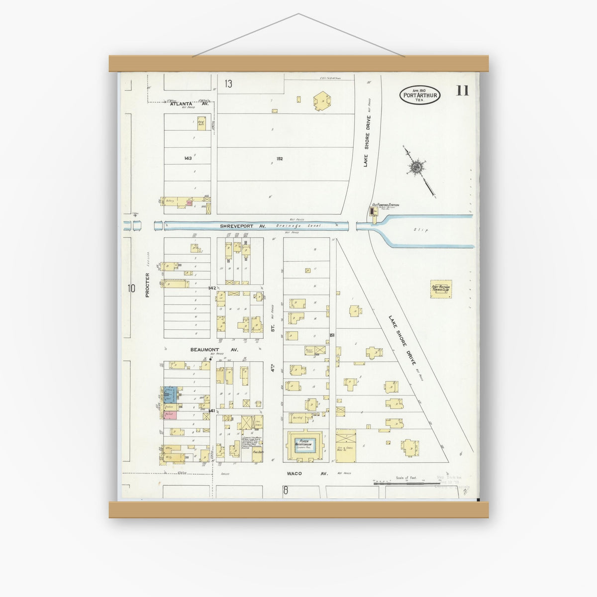 Old map wall art mockup — magnetic wood frame on white wall — Sanborn Fire Insurance Map from Port Arthur, Jefferson County, Texas (1910), Sheet #0011