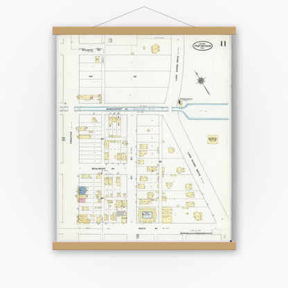 Old map wall art mockup — magnetic wood frame on white wall — Sanborn Fire Insurance Map from Port Arthur, Jefferson County, Texas (1910), Sheet #0011