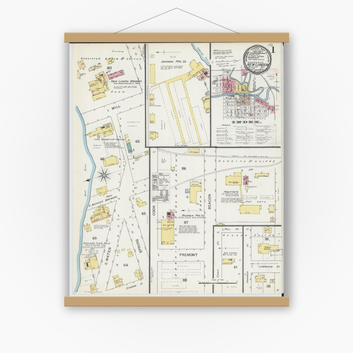 Old map wall art mockup — magnetic wood frame on white wall — Sanborn Fire Insurance Map from New London, Waupaca and Outagamie Counties, Wisconsin (1892), Sheet #0001