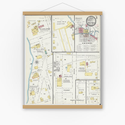 Old map wall art mockup — magnetic wood frame on white wall — Sanborn Fire Insurance Map from New London, Waupaca and Outagamie Counties, Wisconsin (1892), Sheet #0001