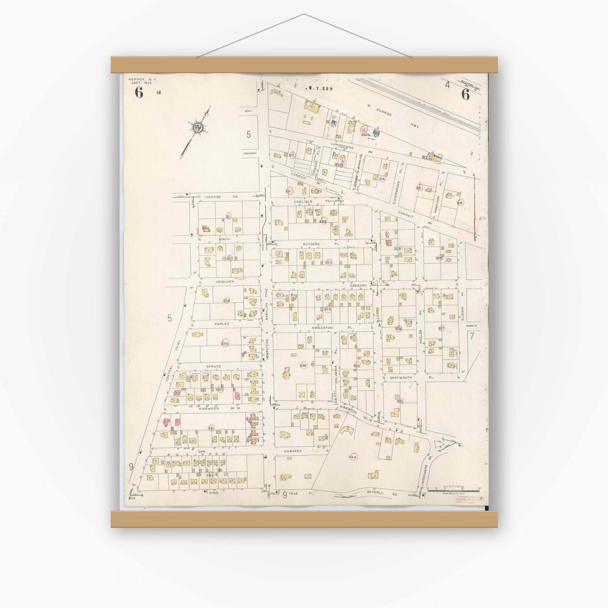 Old map wall art mockup — magnetic wood frame on white wall — Sanborn Fire Insurance Map from Merrick, Nassau County, New York (1947), Sheet #0006