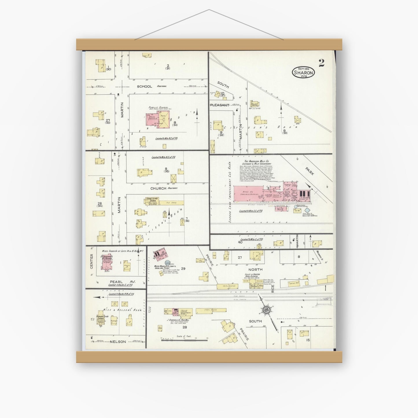 Old map wall art mockup — magnetic wood frame on white wall — Sanborn Fire Insurance Map from Sharon, Walworth County, Wisconsin (1914), Sheet #0002