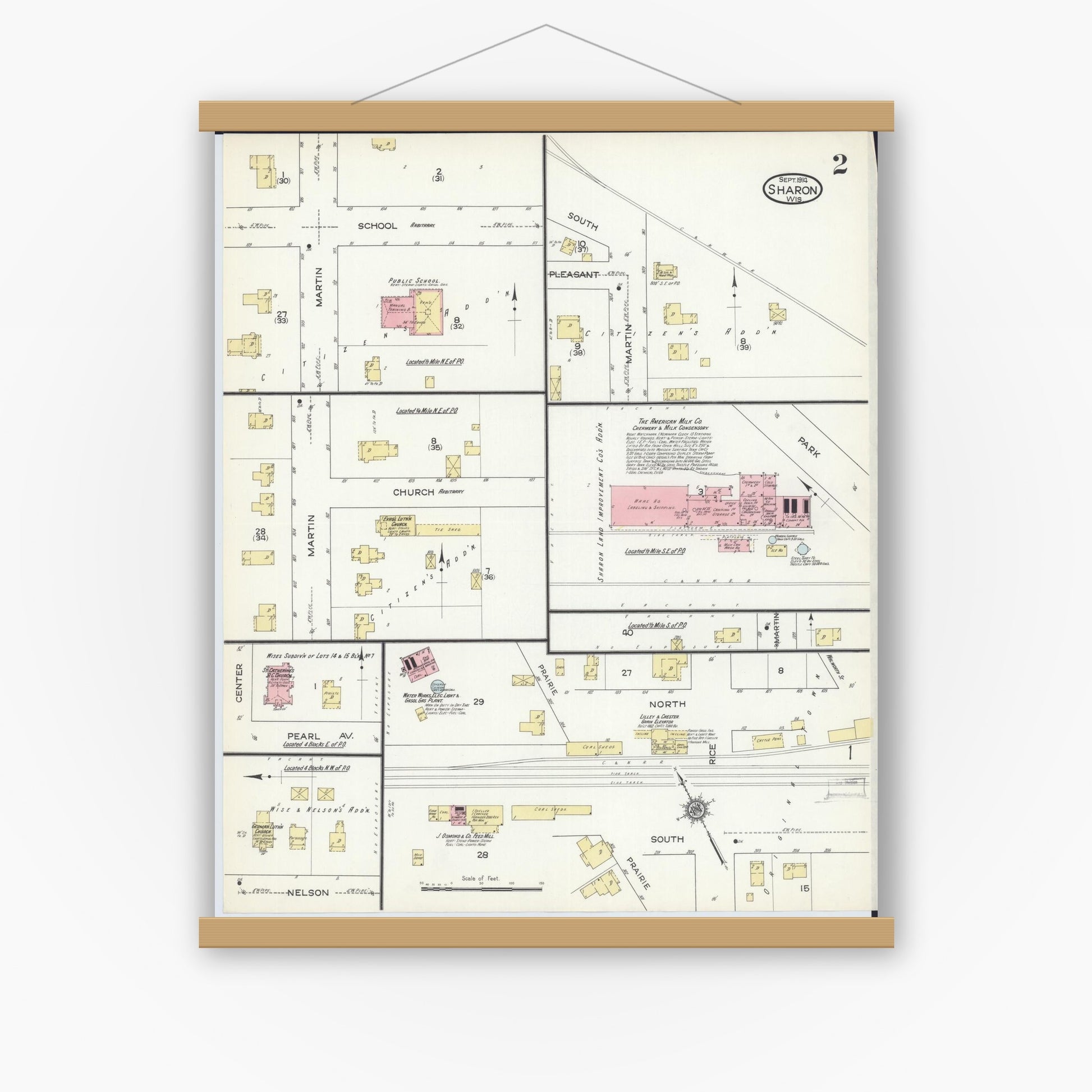 Old map wall art mockup — magnetic wood frame on white wall — Sanborn Fire Insurance Map from Sharon, Walworth County, Wisconsin (1914), Sheet #0002