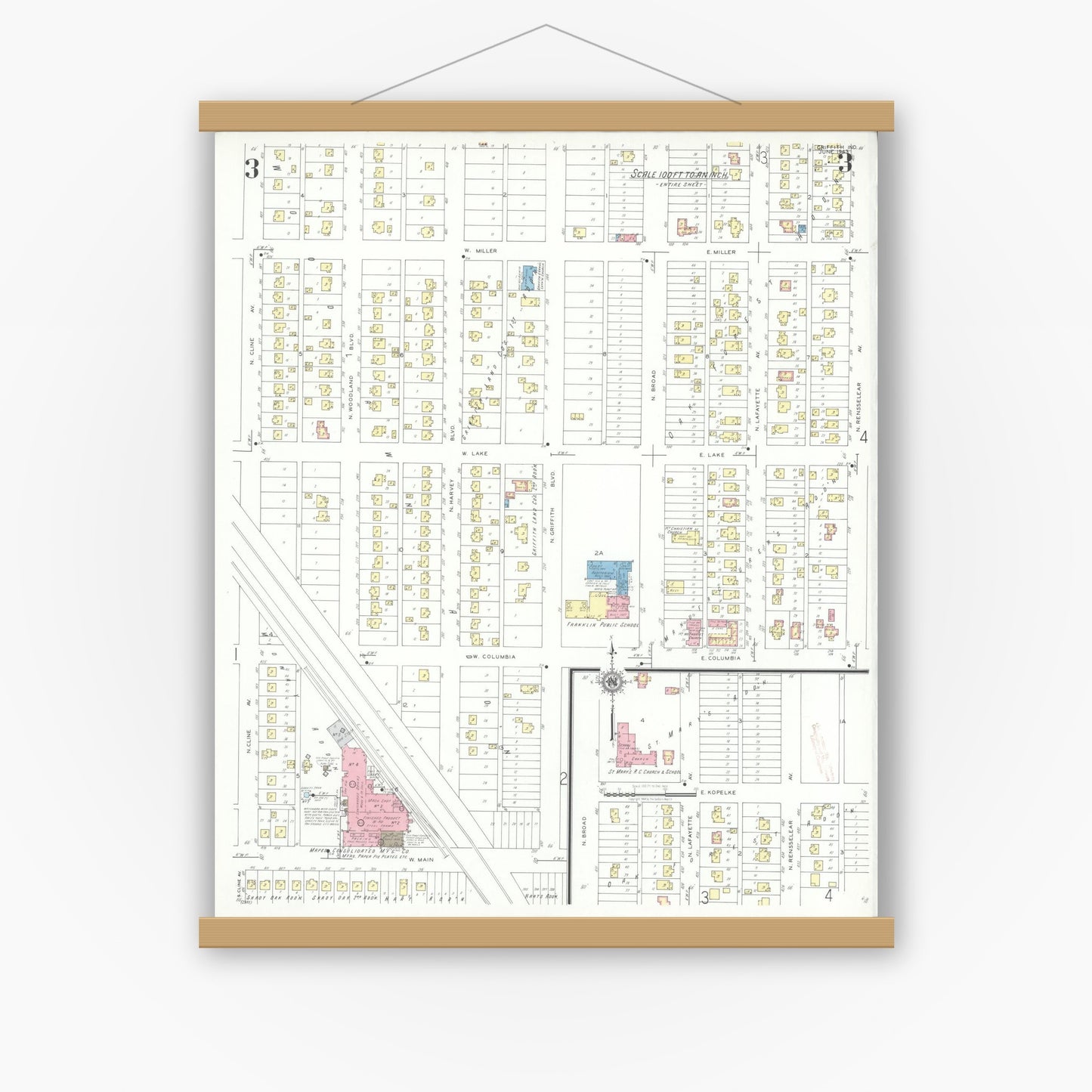 Old map wall art mockup — magnetic wood frame on white wall — Sanborn Fire Insurance Map from Griffith, Lake County, Indiana (1943), Sheet #0003