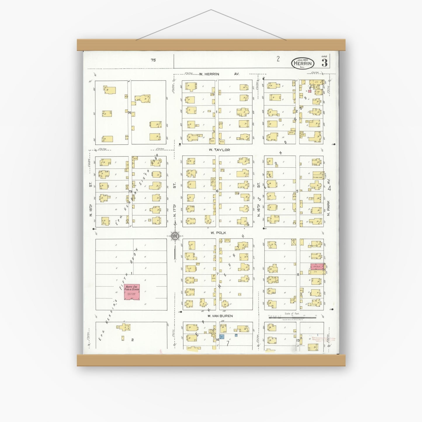 Old map wall art mockup — magnetic wood frame on white wall — Sanborn Fire Insurance Map from Herrin, Williamson County, Illinois (1922), Sheet #0003