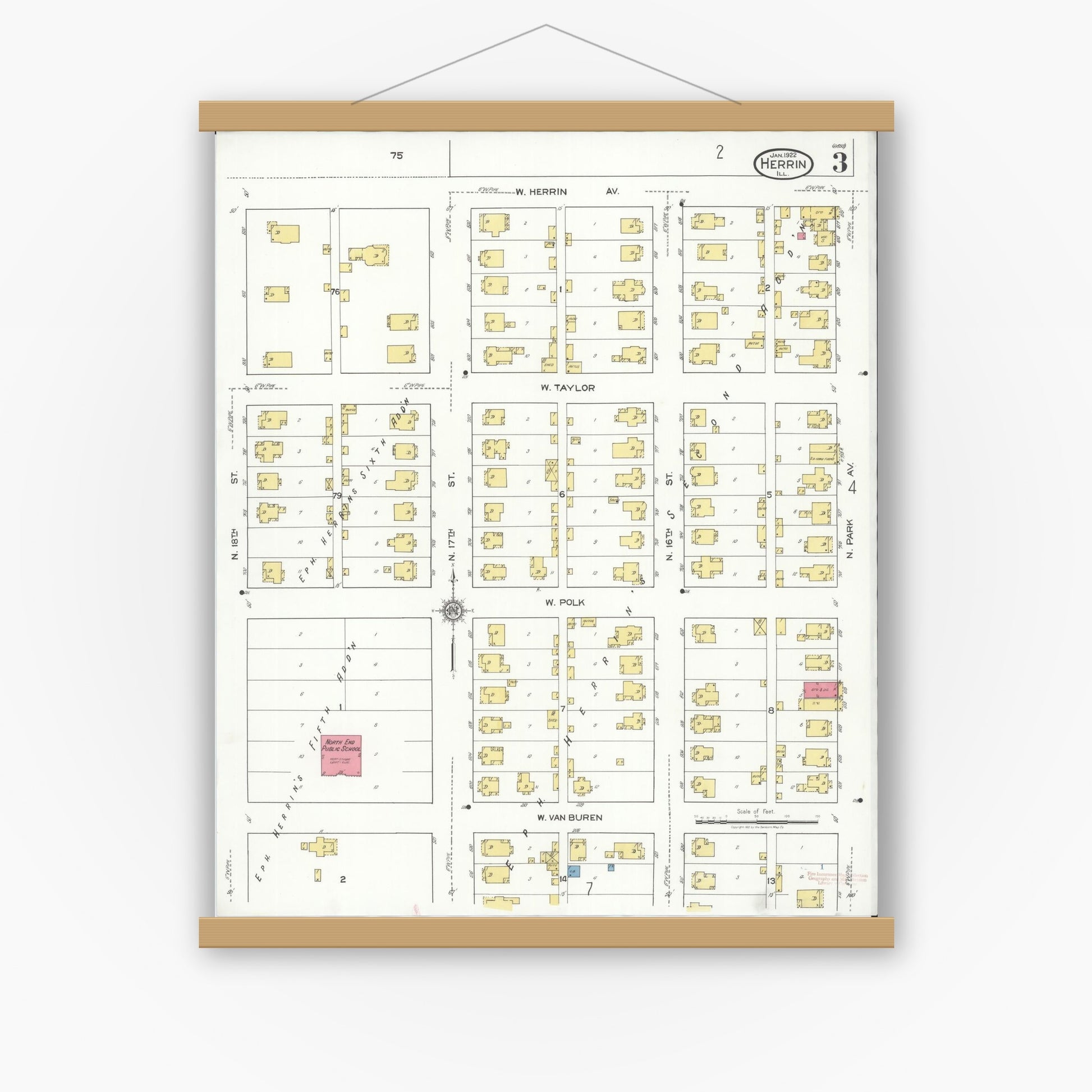 Old map wall art mockup — magnetic wood frame on white wall — Sanborn Fire Insurance Map from Herrin, Williamson County, Illinois (1922), Sheet #0003