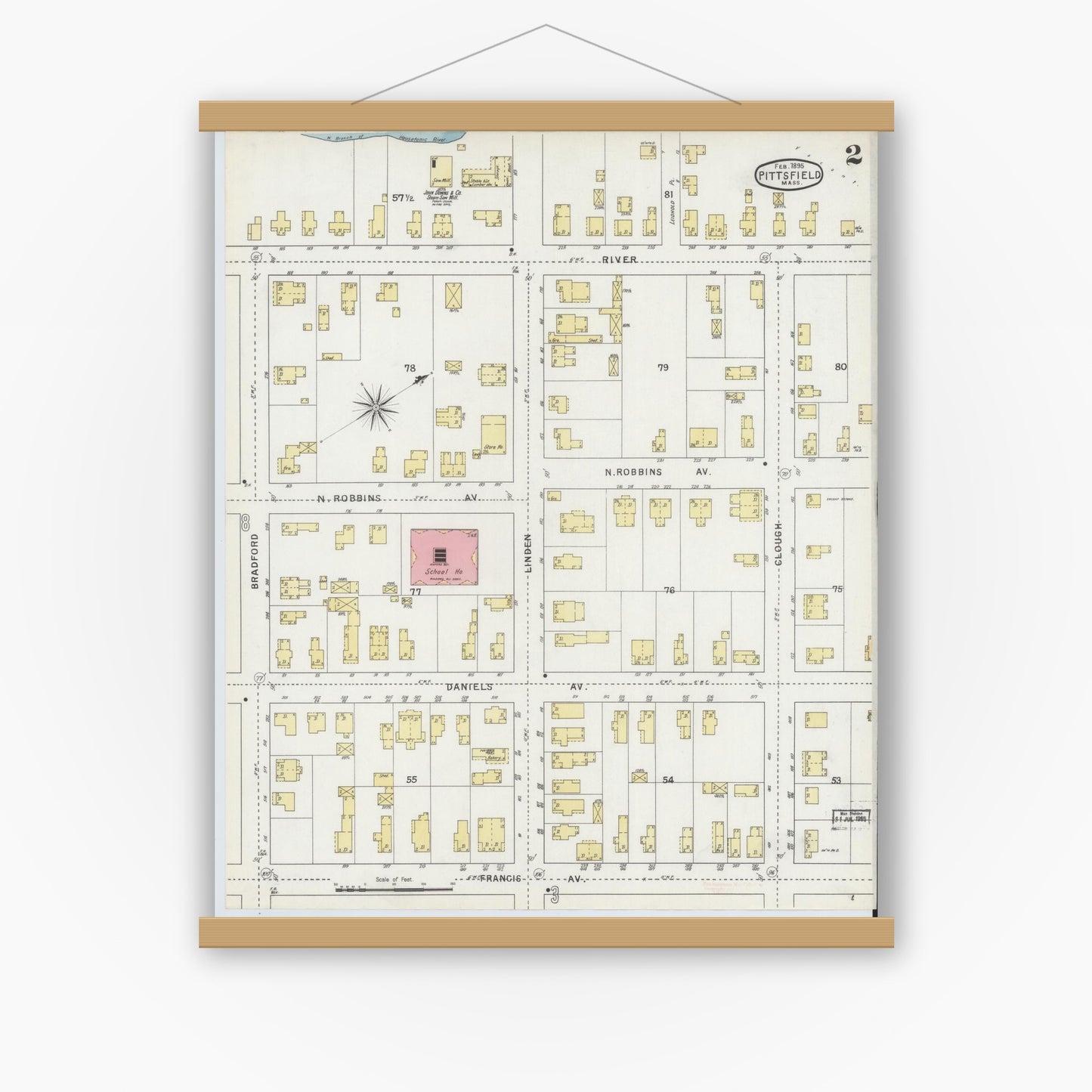 Old map wall art mockup — magnetic wood frame on white wall — Sanborn Fire Insurance Map from Pittsfield, Berkshire County, Massachusetts (1895), Sheet #0002