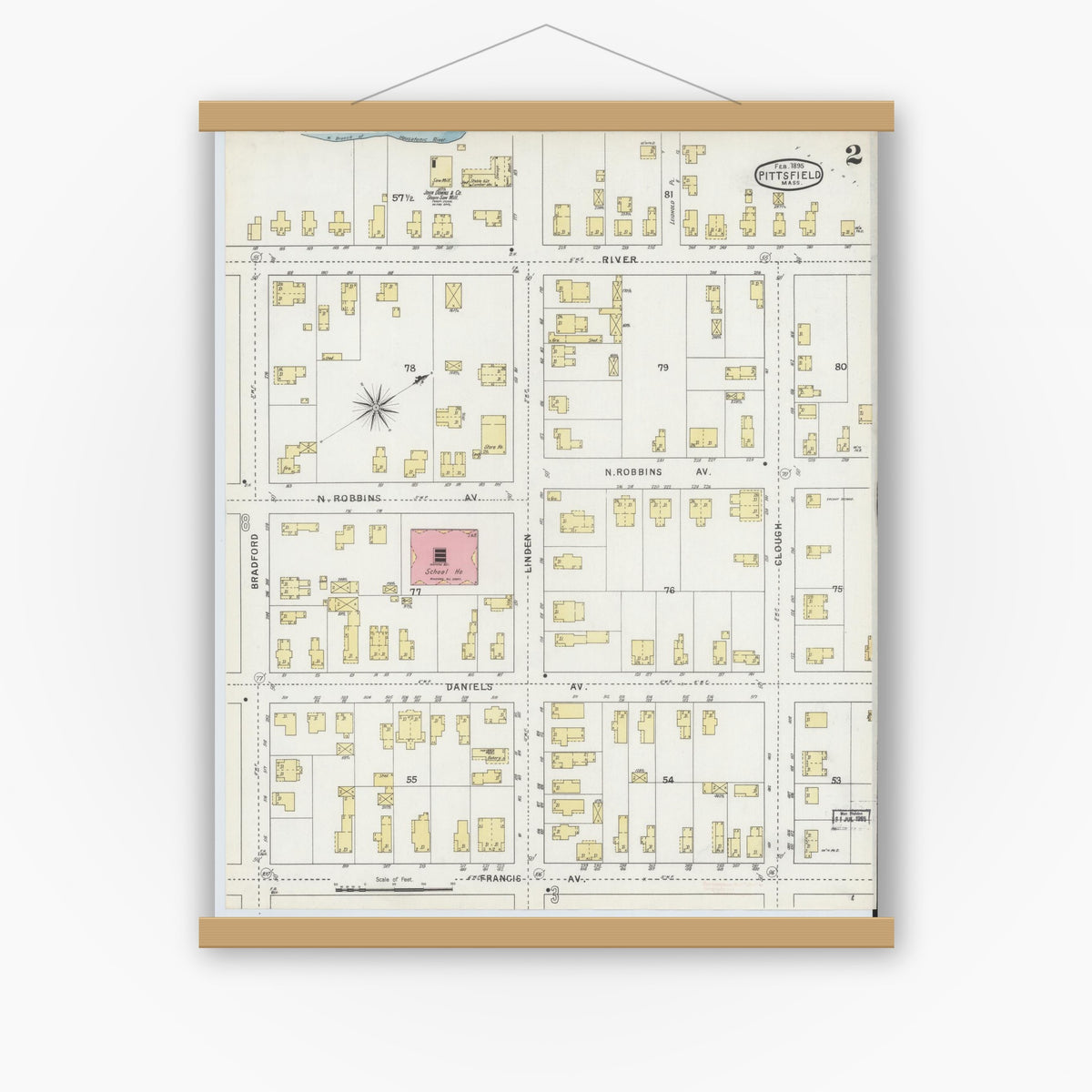 Old map wall art mockup — magnetic wood frame on white wall — Sanborn Fire Insurance Map from Pittsfield, Berkshire County, Massachusetts (1895), Sheet #0002