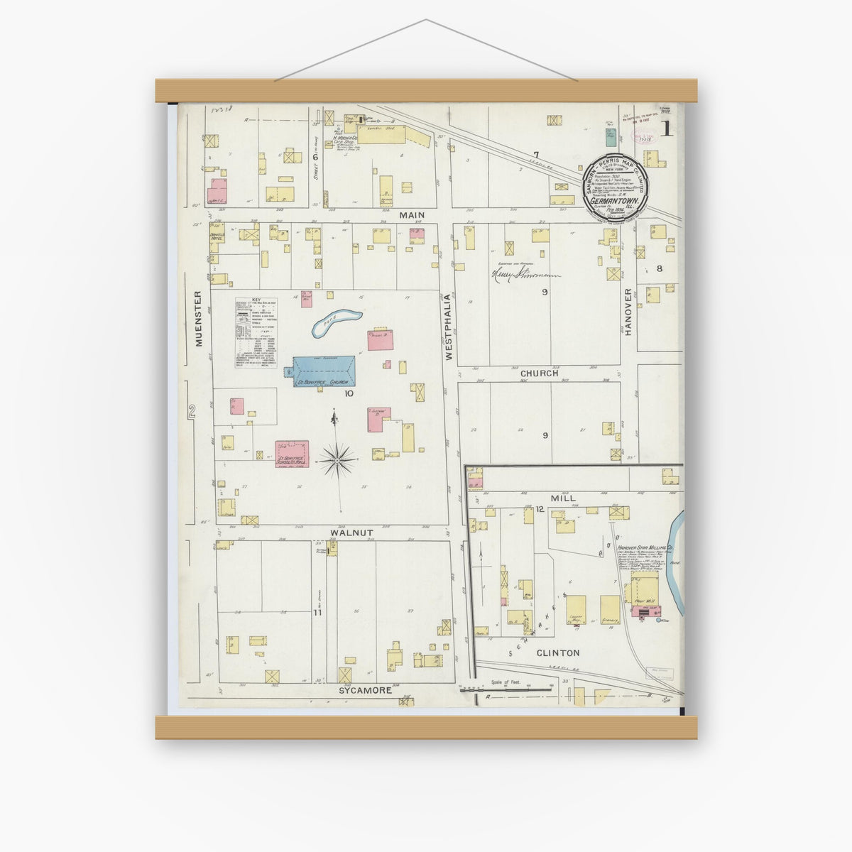 Old map wall art mockup — magnetic wood frame on white wall — Sanborn Fire Insurance Map from Germantown, Clinton County, Illinois (1894) - Complete Map Set