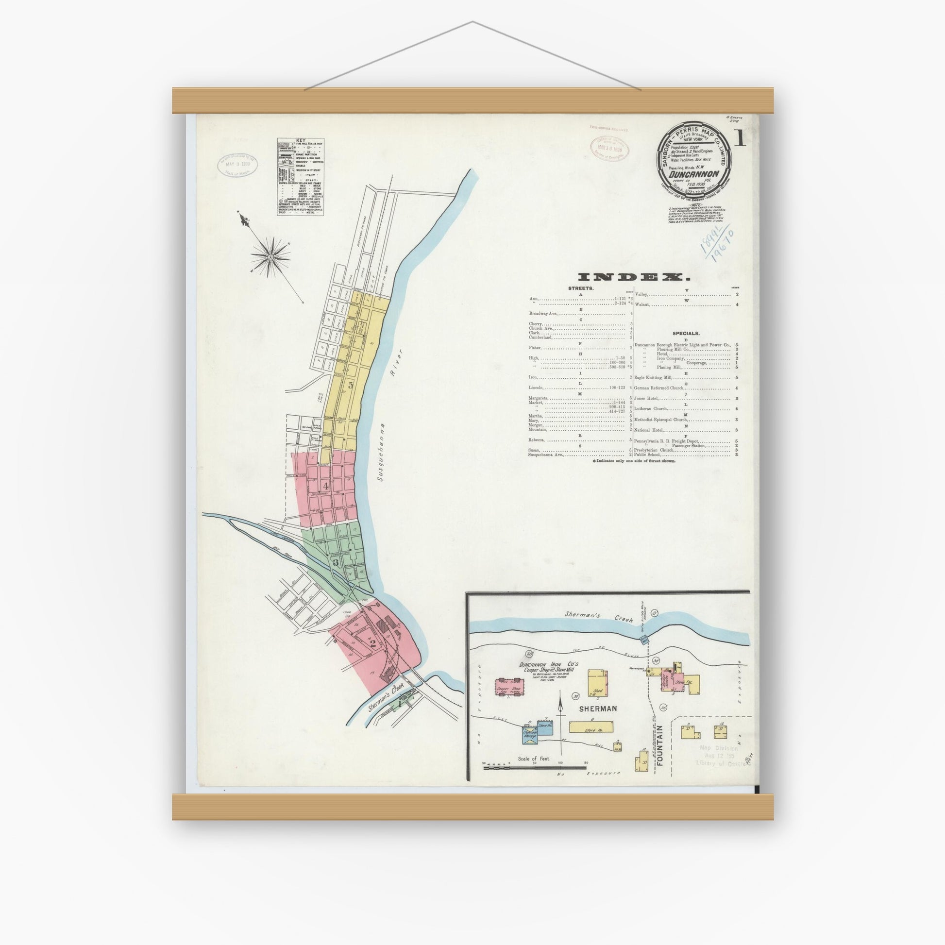 Old map wall art mockup — magnetic wood frame on white wall — Sanborn Fire Insurance Map from Duncannon, Perry County, Pennsylvania (1899) - Complete Map Set