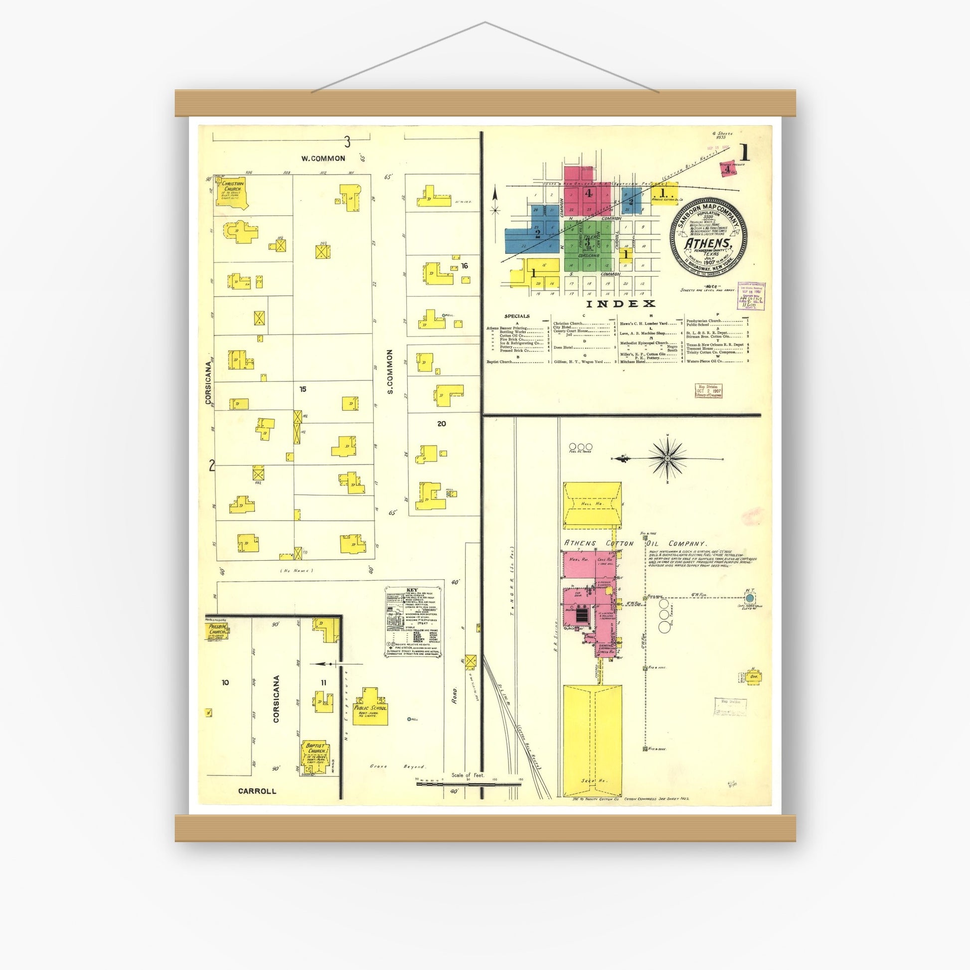 Old map wall art mockup — magnetic wood frame on white wall — Sanborn Fire Insurance Map from Athens, Henderson County, Texas (1907), Sheet #0001
