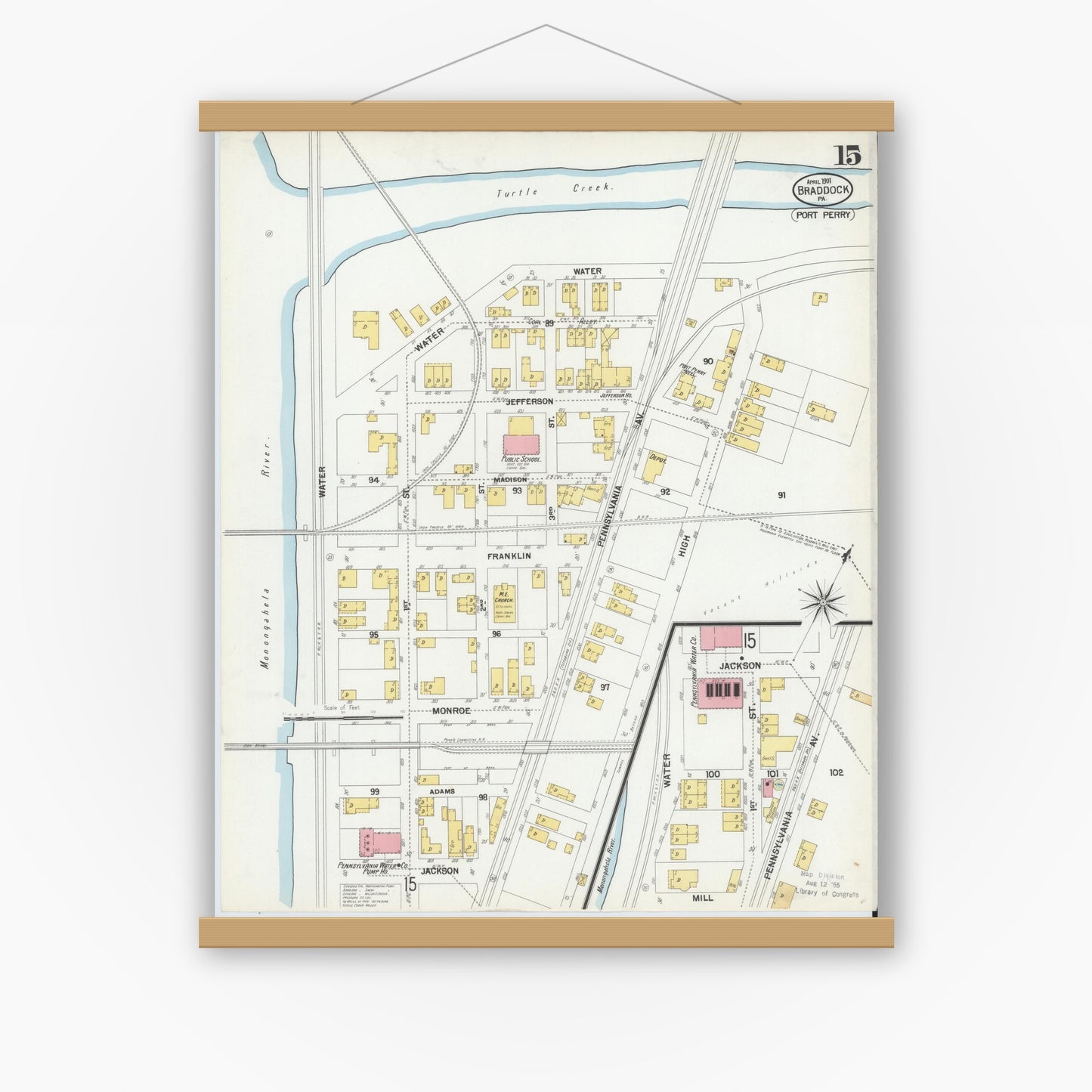Old map wall art mockup — magnetic wood frame on white wall — Sanborn Fire Insurance Map from Braddock, Allegheny County, Pennsylvania (1901), Sheet #0015
