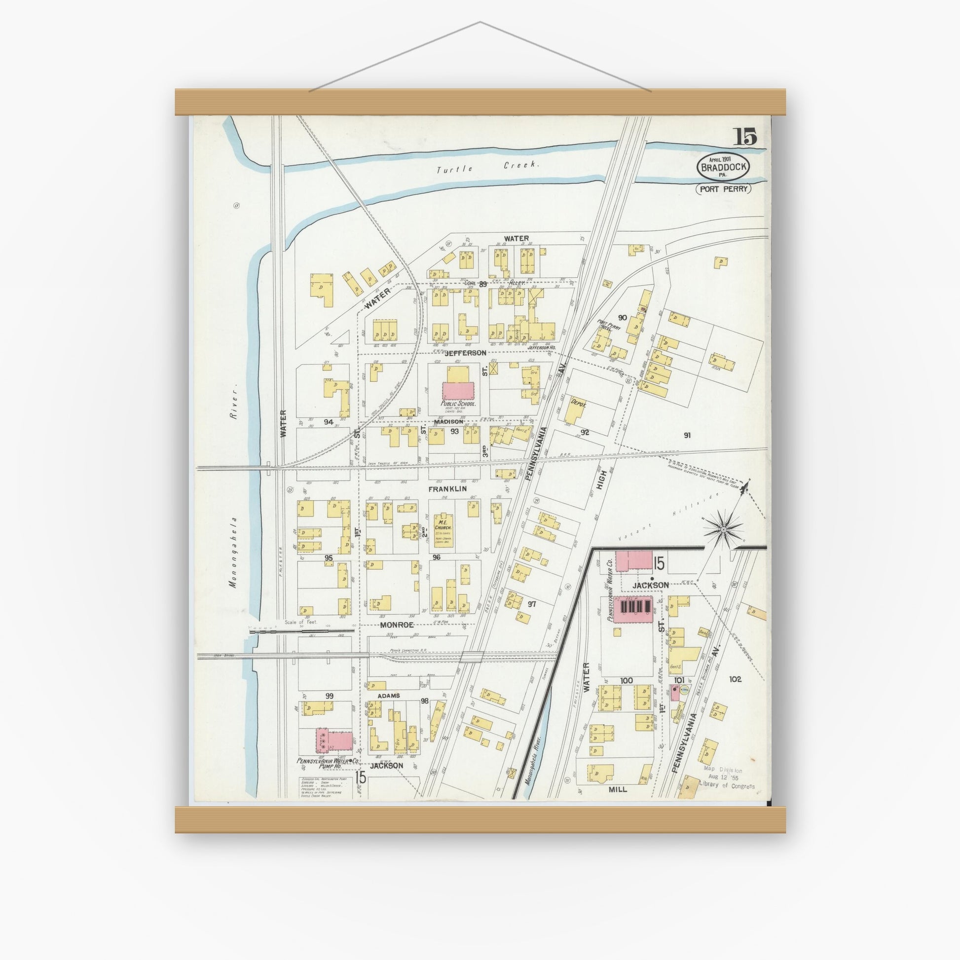 Old map wall art mockup — magnetic wood frame on white wall — Sanborn Fire Insurance Map from Braddock, Allegheny County, Pennsylvania (1901), Sheet #0015