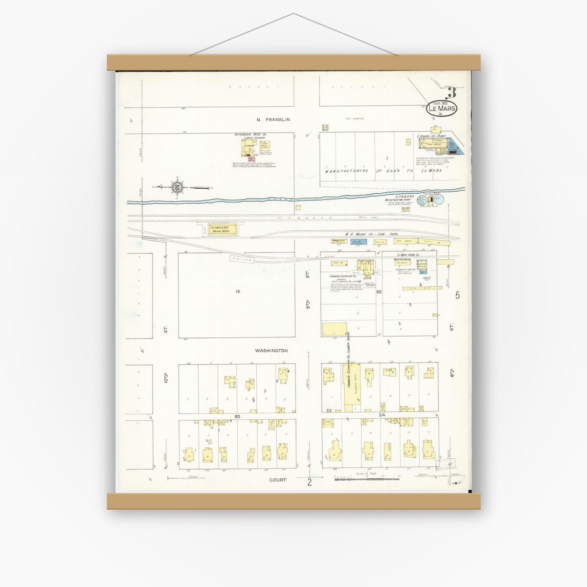 Old map wall art mockup — magnetic wood frame on white wall — Sanborn Fire Insurance Map from Le Mars, Plymouth County, Iowa (1913), Sheet #0003