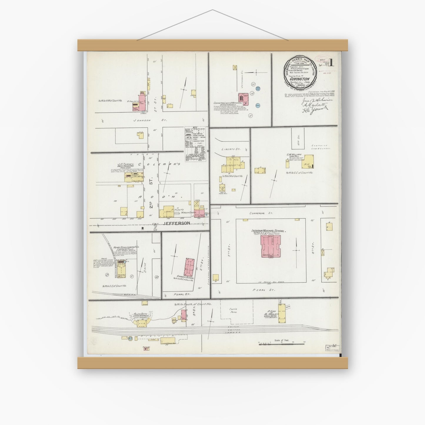 Old map wall art mockup — magnetic wood frame on white wall — Sanborn Fire Insurance Map from Covington, Fountain County, Indiana (1892) - Complete Map Set