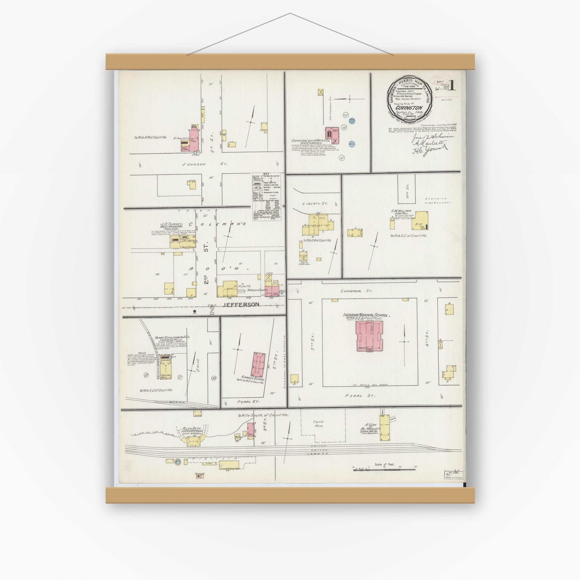 Old map wall art mockup — magnetic wood frame on white wall — Sanborn Fire Insurance Map from Covington, Fountain County, Indiana (1892) - Complete Map Set