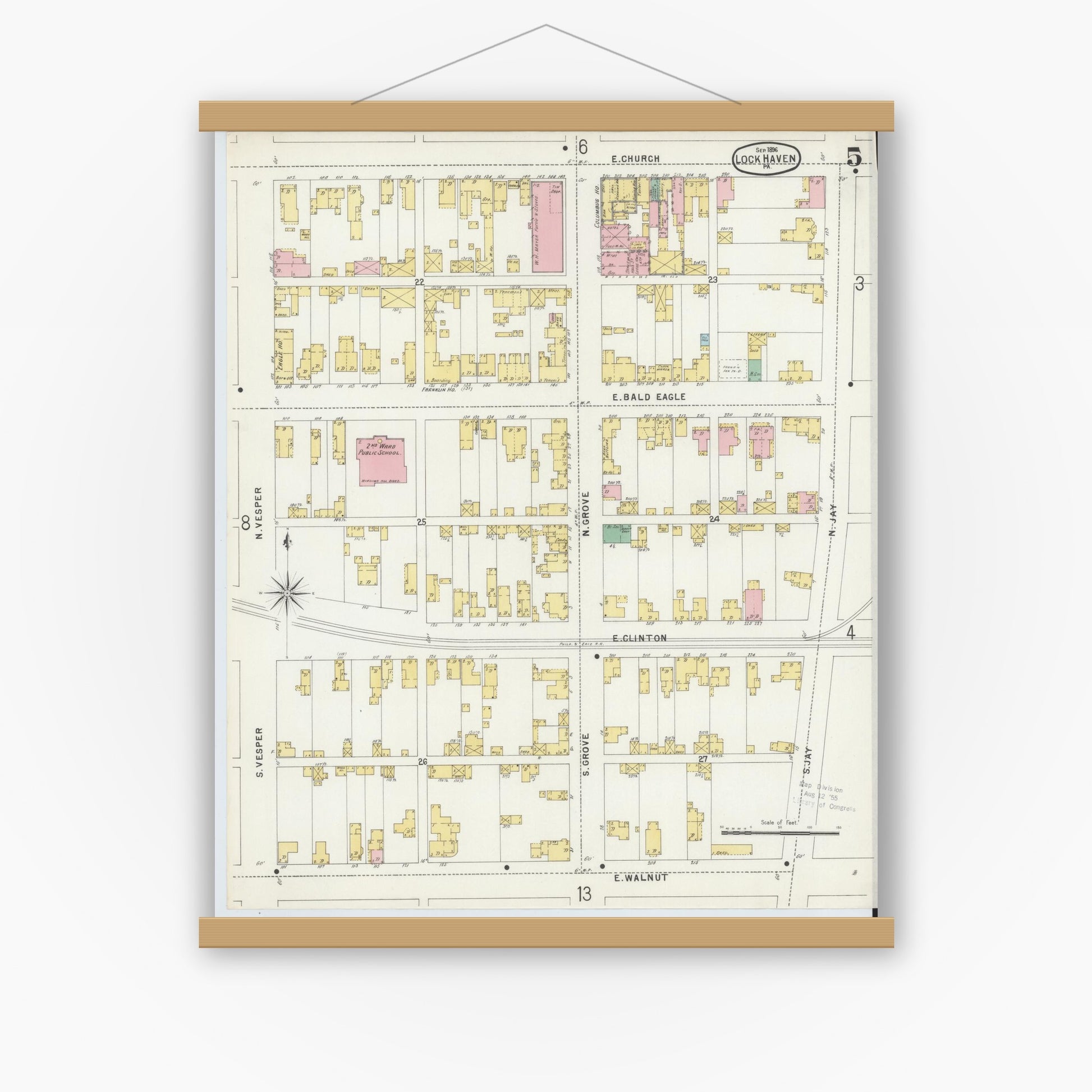 Old map wall art mockup — magnetic wood frame on white wall — Sanborn Fire Insurance Map from Lock Haven, Clinton County, Pennsylvania (1896), Sheet #0005