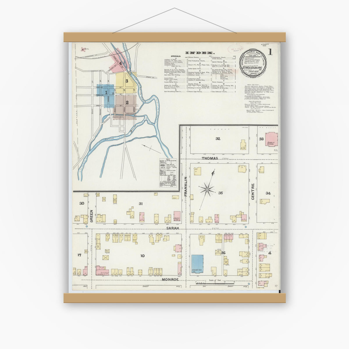 Old map wall art mockup — magnetic wood frame on white wall — Sanborn Fire Insurance Map from Stroudsburg, Monroe County, Pennsylvania (1892), Sheet #0001