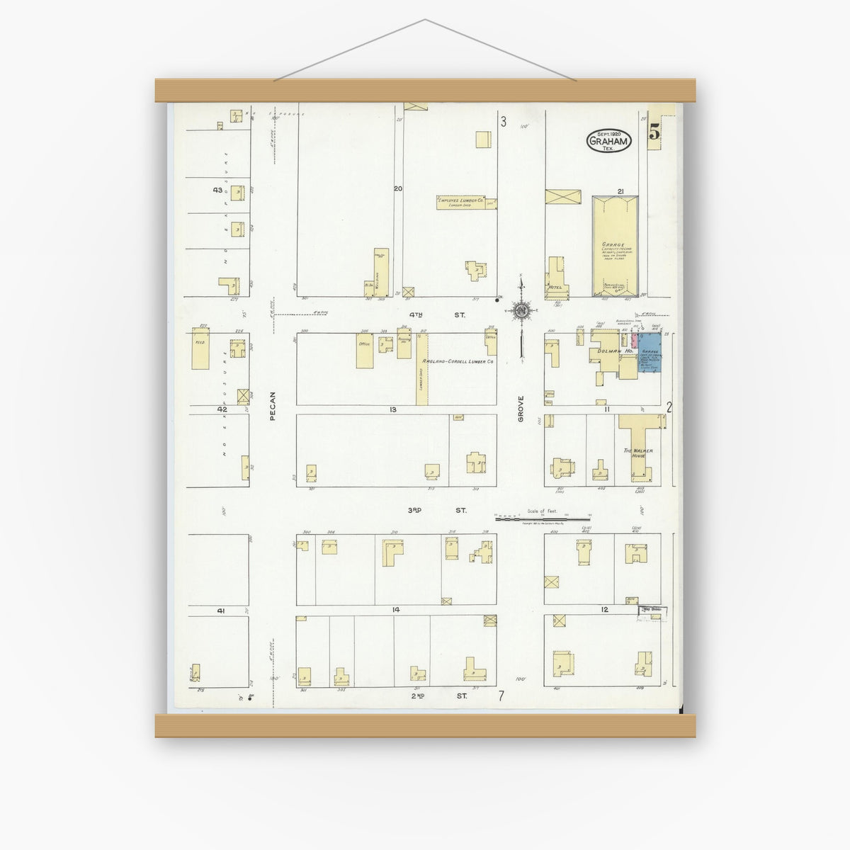 Old map wall art mockup — magnetic wood frame on white wall — Sanborn Fire Insurance Map from Graham, Young County, Texas (1920), Sheet #0005