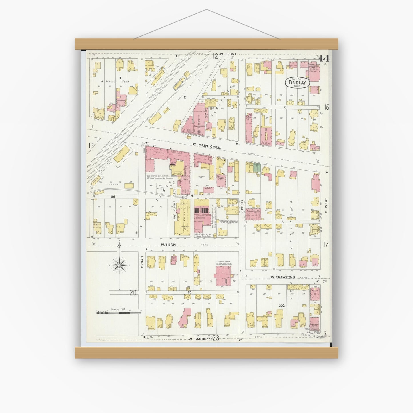 Old map wall art mockup — magnetic wood frame on white wall — Sanborn Fire Insurance Map from Findlay, Hancock County, Ohio (1901), Sheet #0014