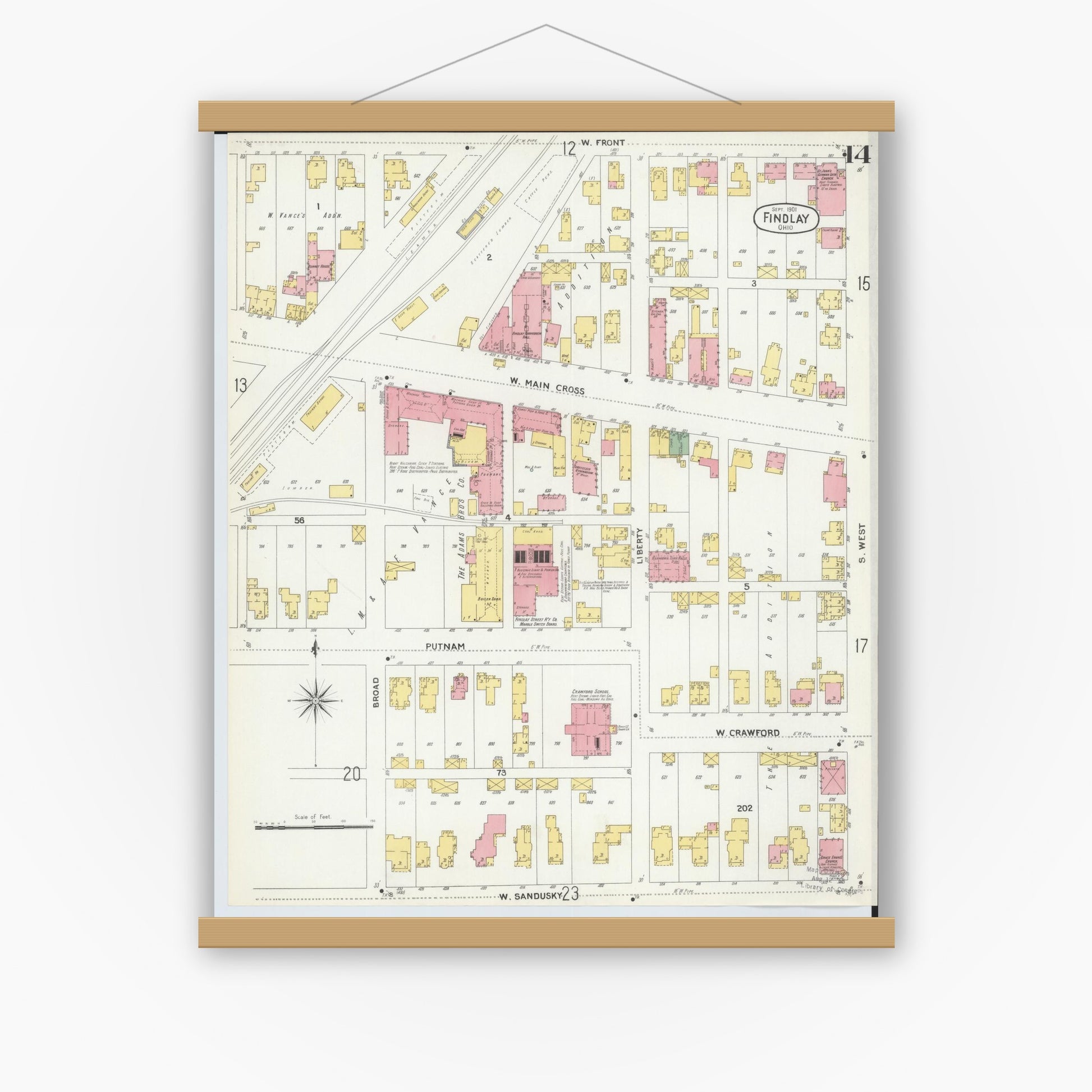 Old map wall art mockup — magnetic wood frame on white wall — Sanborn Fire Insurance Map from Findlay, Hancock County, Ohio (1901), Sheet #0014
