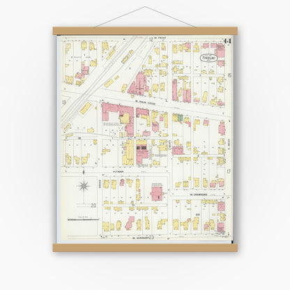 Old map wall art mockup — magnetic wood frame on white wall — Sanborn Fire Insurance Map from Findlay, Hancock County, Ohio (1901), Sheet #0014