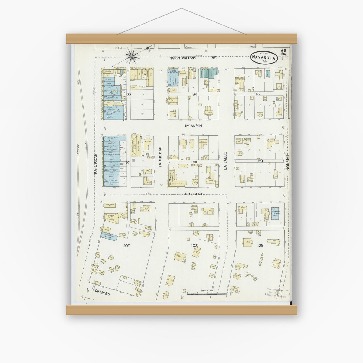 Old map wall art mockup — magnetic wood frame on white wall — Sanborn Fire Insurance Map from Navasota, Grimes County, Texas (1891), Sheet #0002