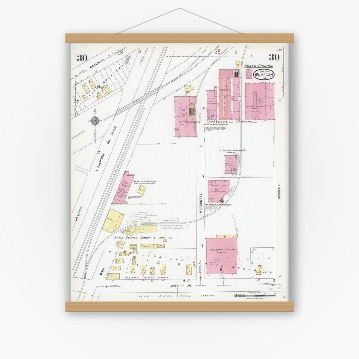 Old map wall art mockup — magnetic wood frame on white wall — Sanborn Fire Insurance Map from Waukegan, Lake County, Illinois (1924), Sheet #0030