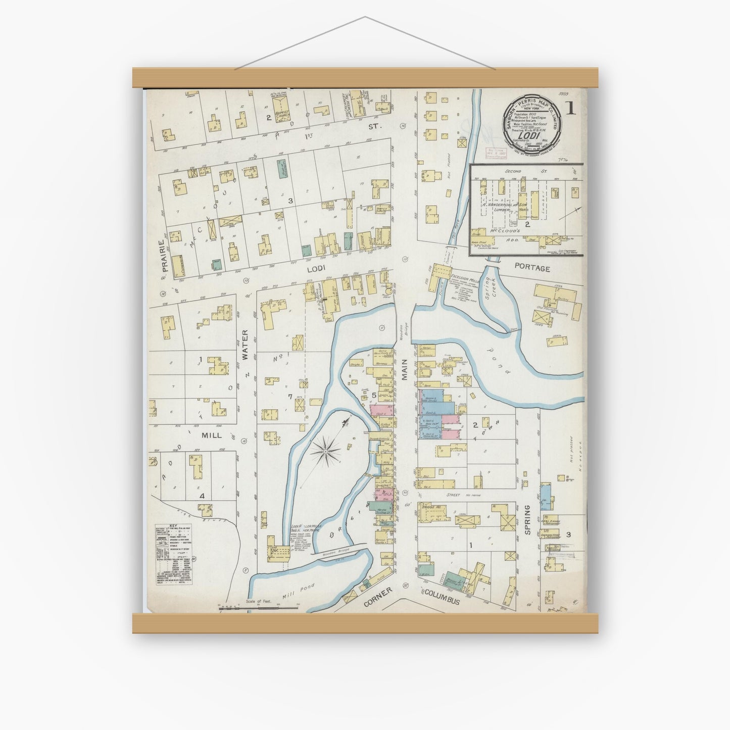 Old map wall art mockup — magnetic wood frame on white wall — Sanborn Fire Insurance Map from Lodi, Columbia County, Wisconsin (1892), Sheet #0001