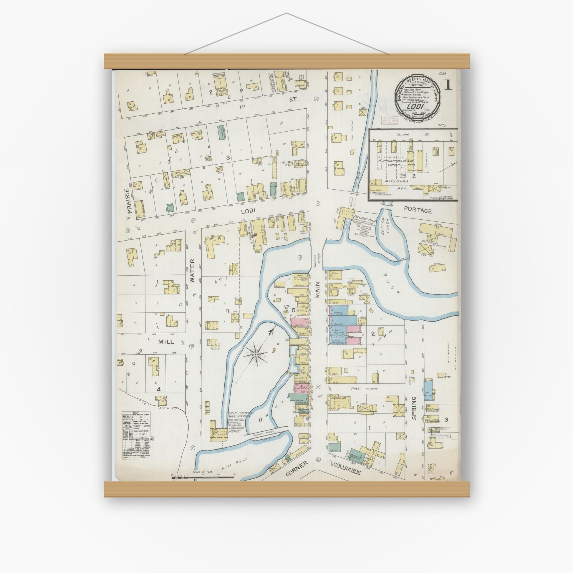 Old map wall art mockup — magnetic wood frame on white wall — Sanborn Fire Insurance Map from Lodi, Columbia County, Wisconsin (1892), Sheet #0001