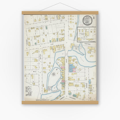 Old map wall art mockup — magnetic wood frame on white wall — Sanborn Fire Insurance Map from Lodi, Columbia County, Wisconsin (1892), Sheet #0001
