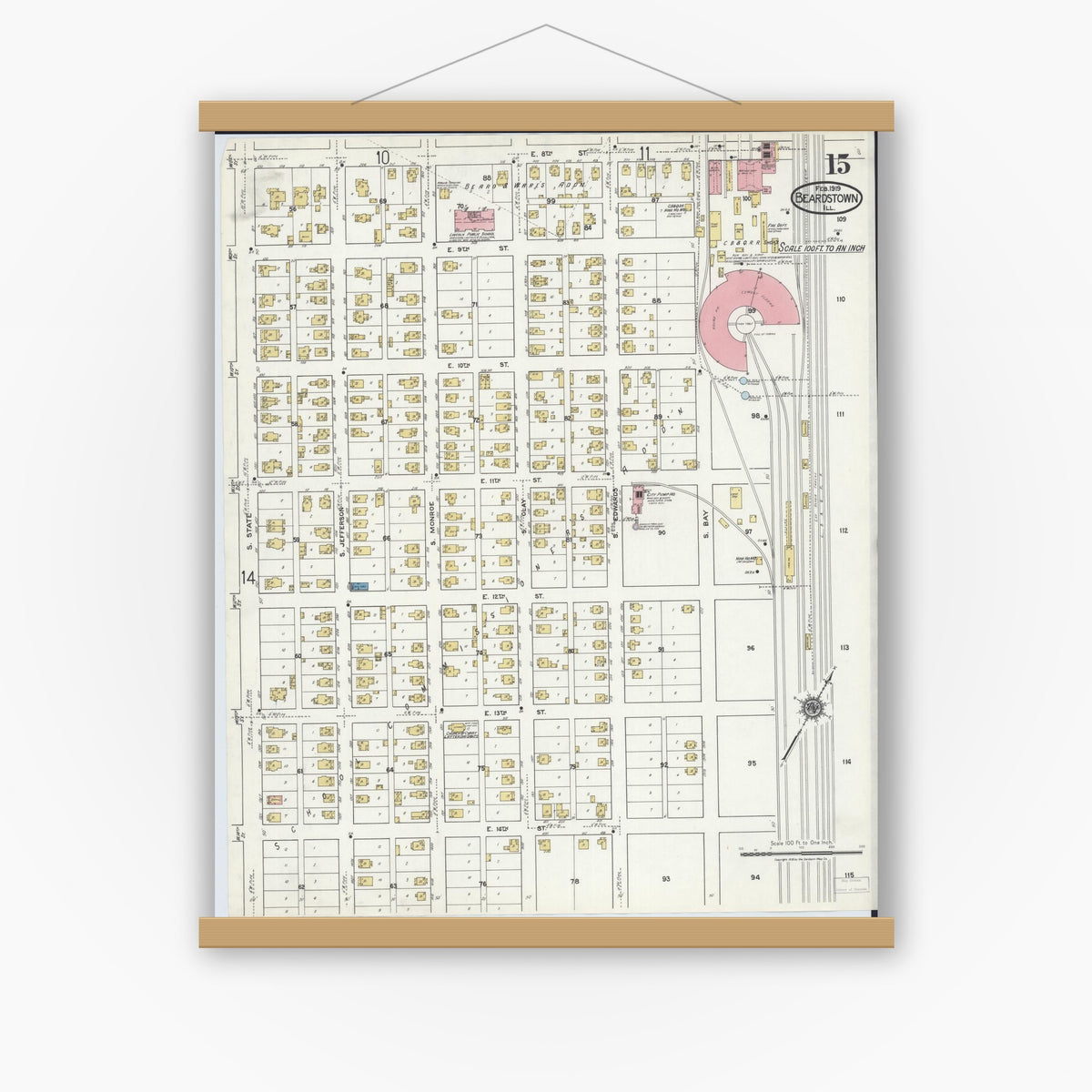 Old map wall art mockup — magnetic wood frame on white wall — Sanborn Fire Insurance Map from Beardstown, Cass County, Illinois (1919), Sheet #0015