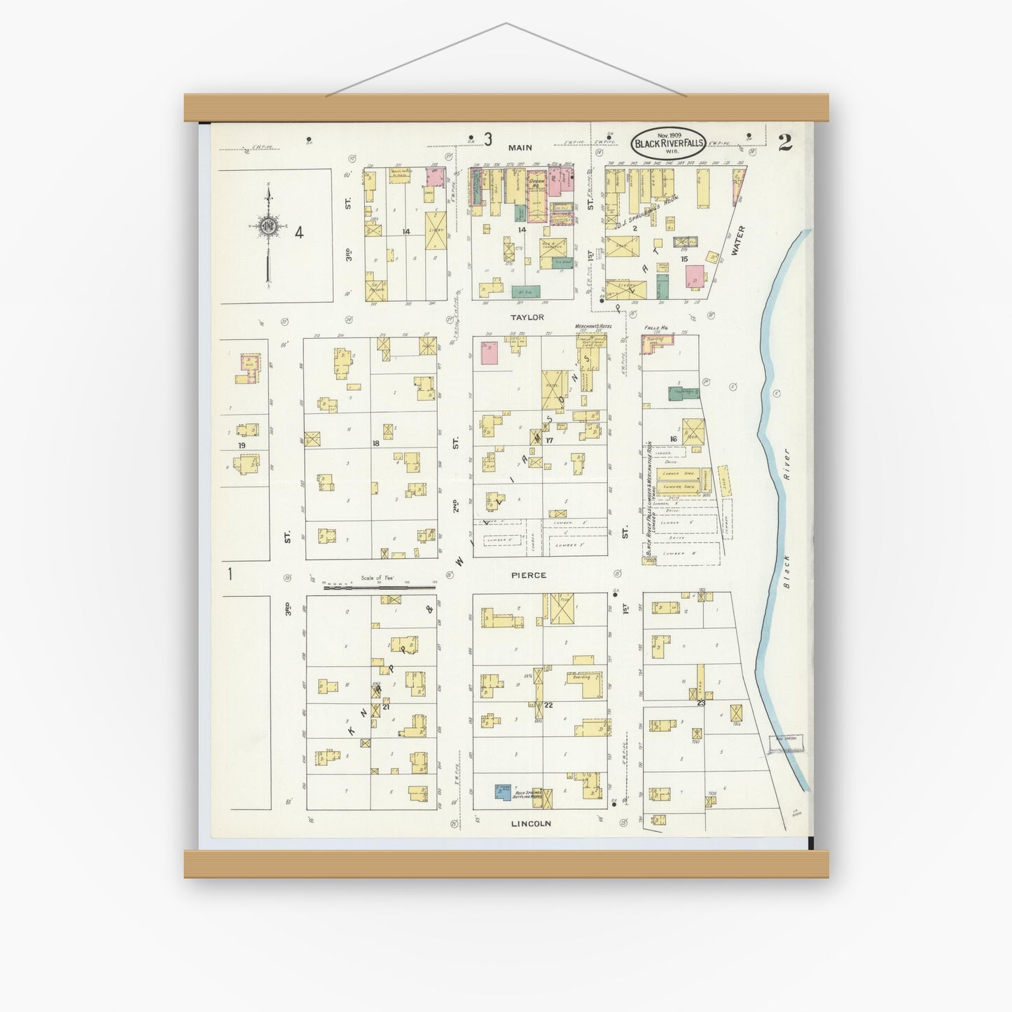 Old map wall art mockup — magnetic wood frame on white wall — Sanborn Fire Insurance Map from Black River Falls, Jackson County, Wisconsin (1909), Sheet #0002