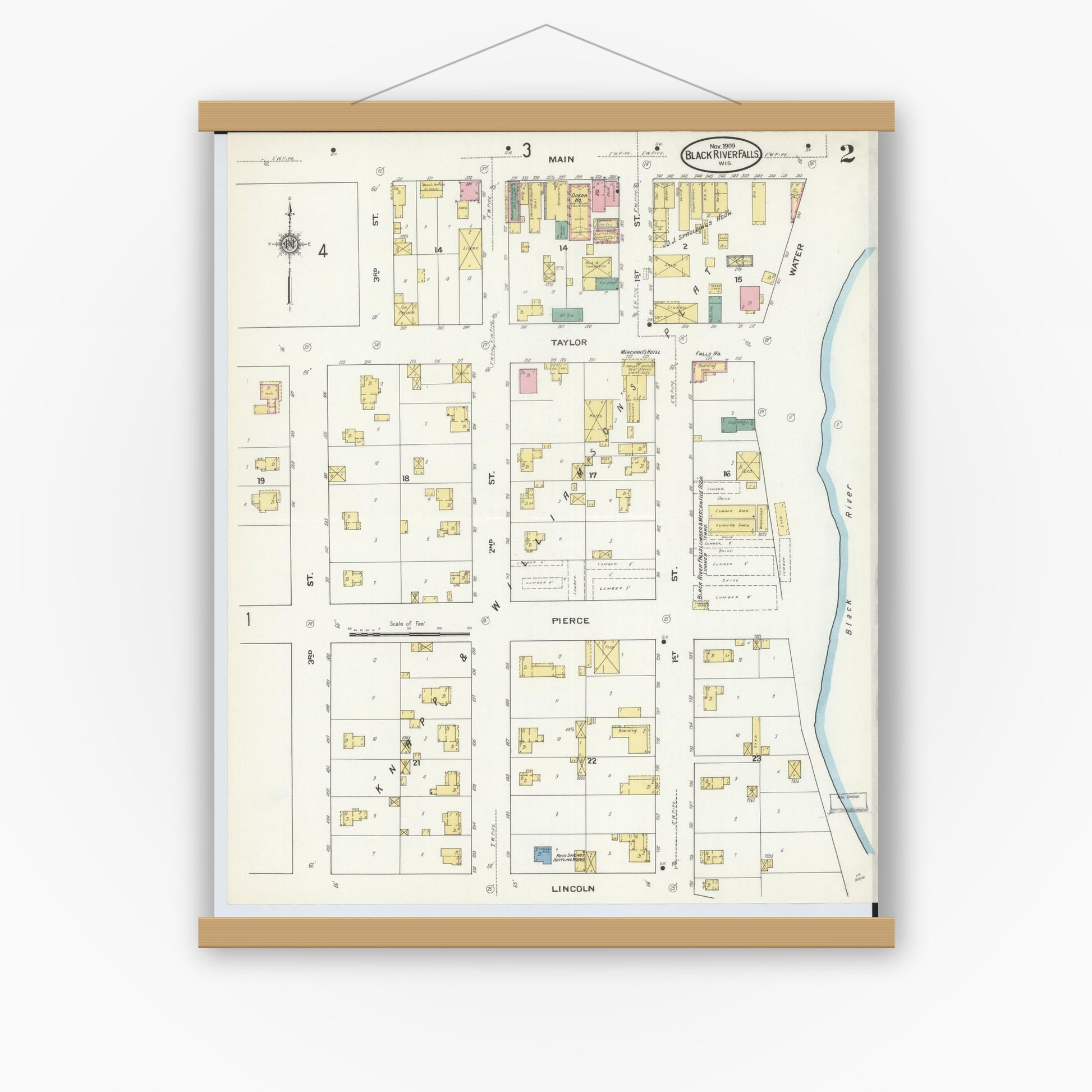 Old map wall art mockup — magnetic wood frame on white wall — Sanborn Fire Insurance Map from Black River Falls, Jackson County, Wisconsin (1909), Sheet #0002