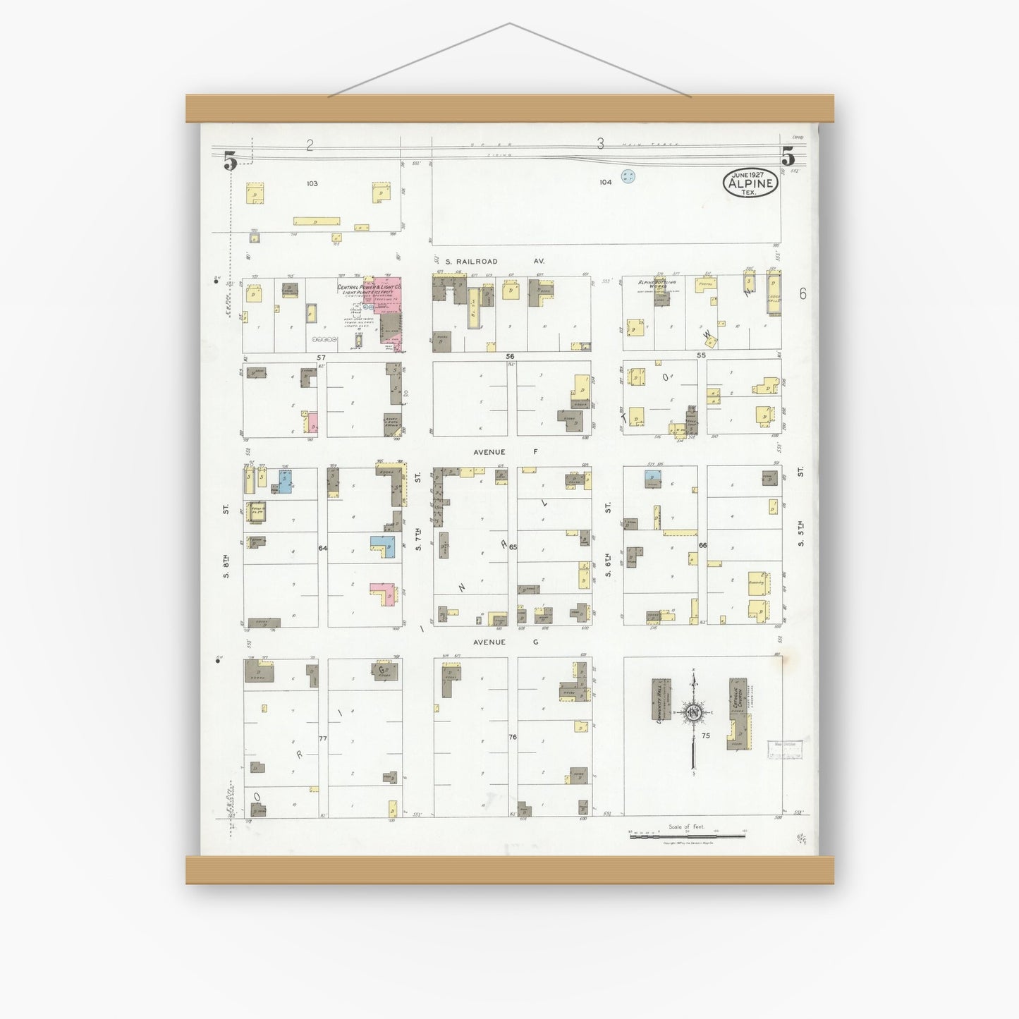 Old map wall art mockup — magnetic wood frame on white wall — Sanborn Fire Insurance Map from Alpine, Brewster County, Texas (1927), Sheet #0005