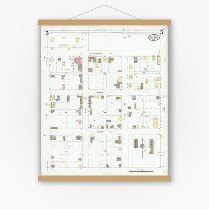 Old map wall art mockup — magnetic wood frame on white wall — Sanborn Fire Insurance Map from Alpine, Brewster County, Texas (1927), Sheet #0005