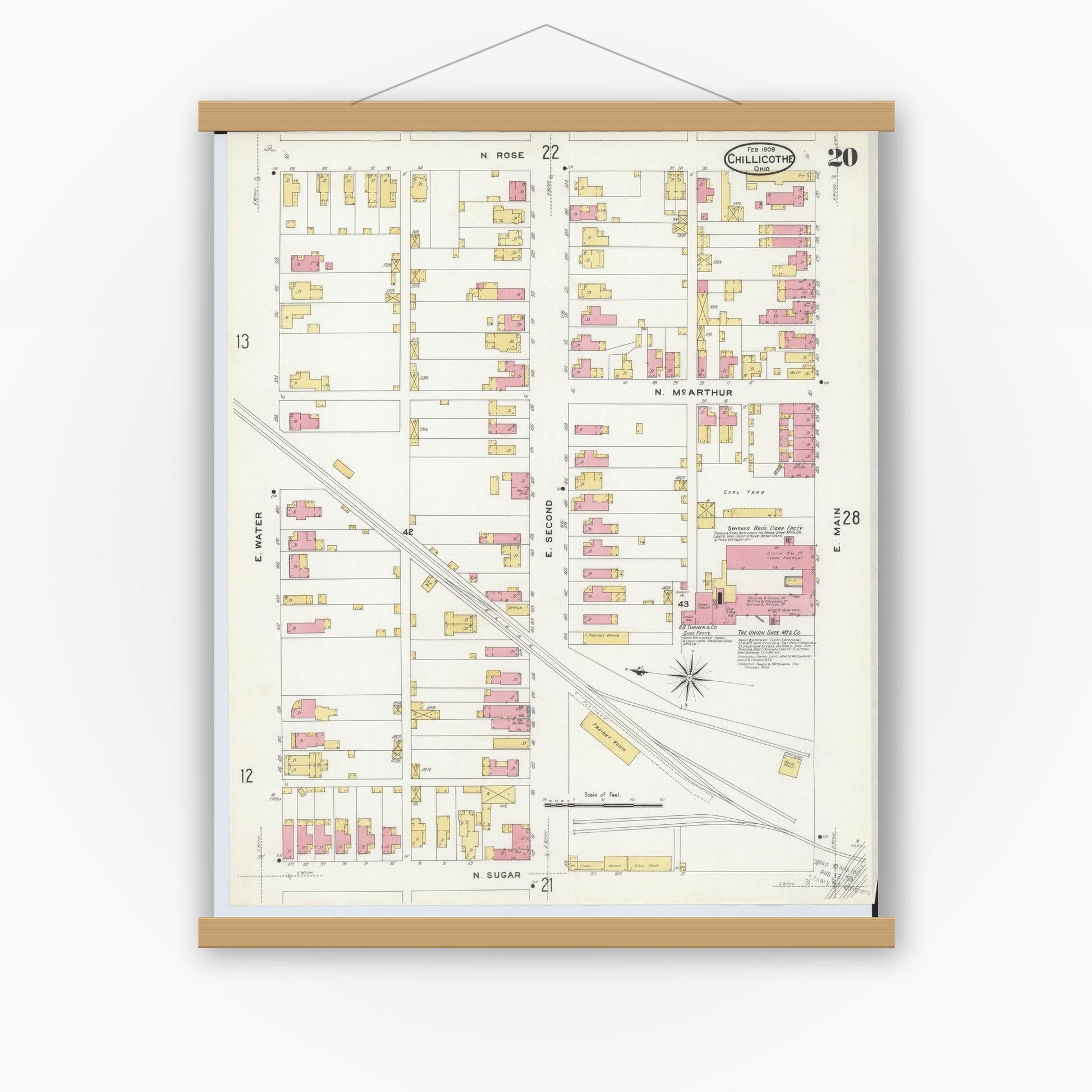 Old map wall art mockup — magnetic wood frame on white wall — Sanborn Fire Insurance Map from Chillicothe, Ross County, Ohio (1909), Sheet #0020