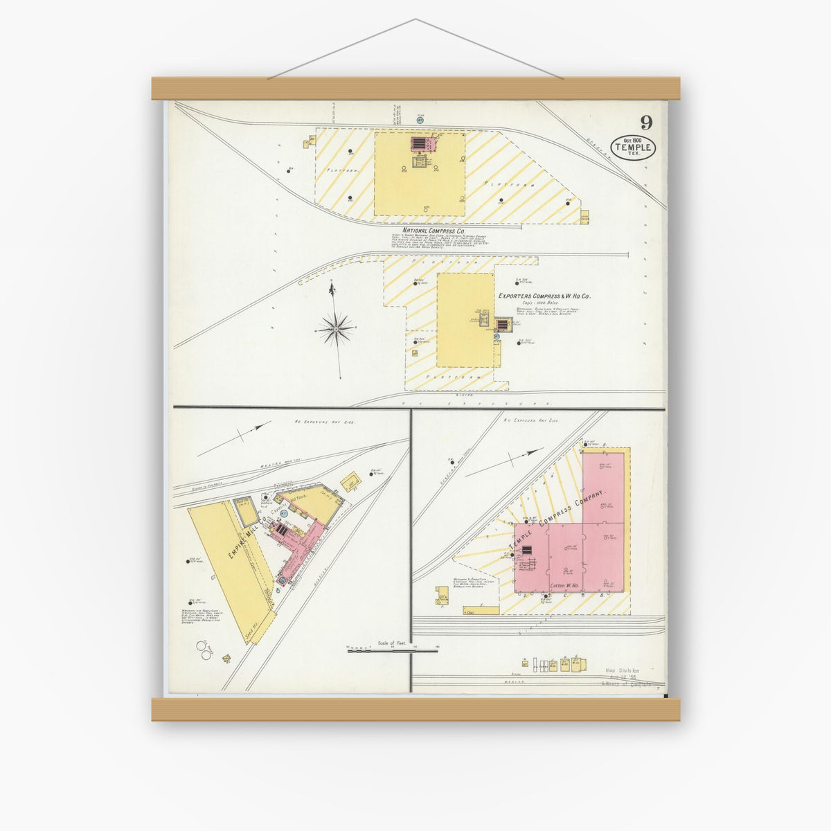 Old map wall art mockup — magnetic wood frame on white wall — Sanborn Fire Insurance Map from Temple, Bell County, Texas (1900), Sheet #0009