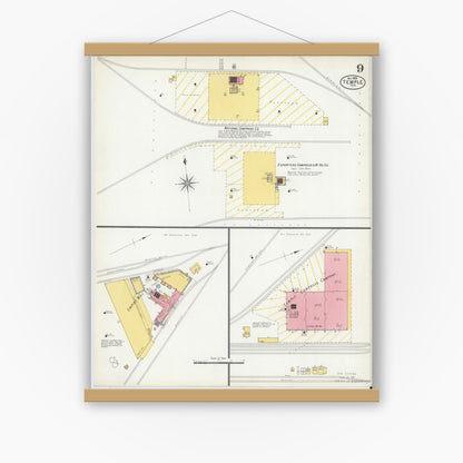 Old map wall art mockup — magnetic wood frame on white wall — Sanborn Fire Insurance Map from Temple, Bell County, Texas (1900), Sheet #0009