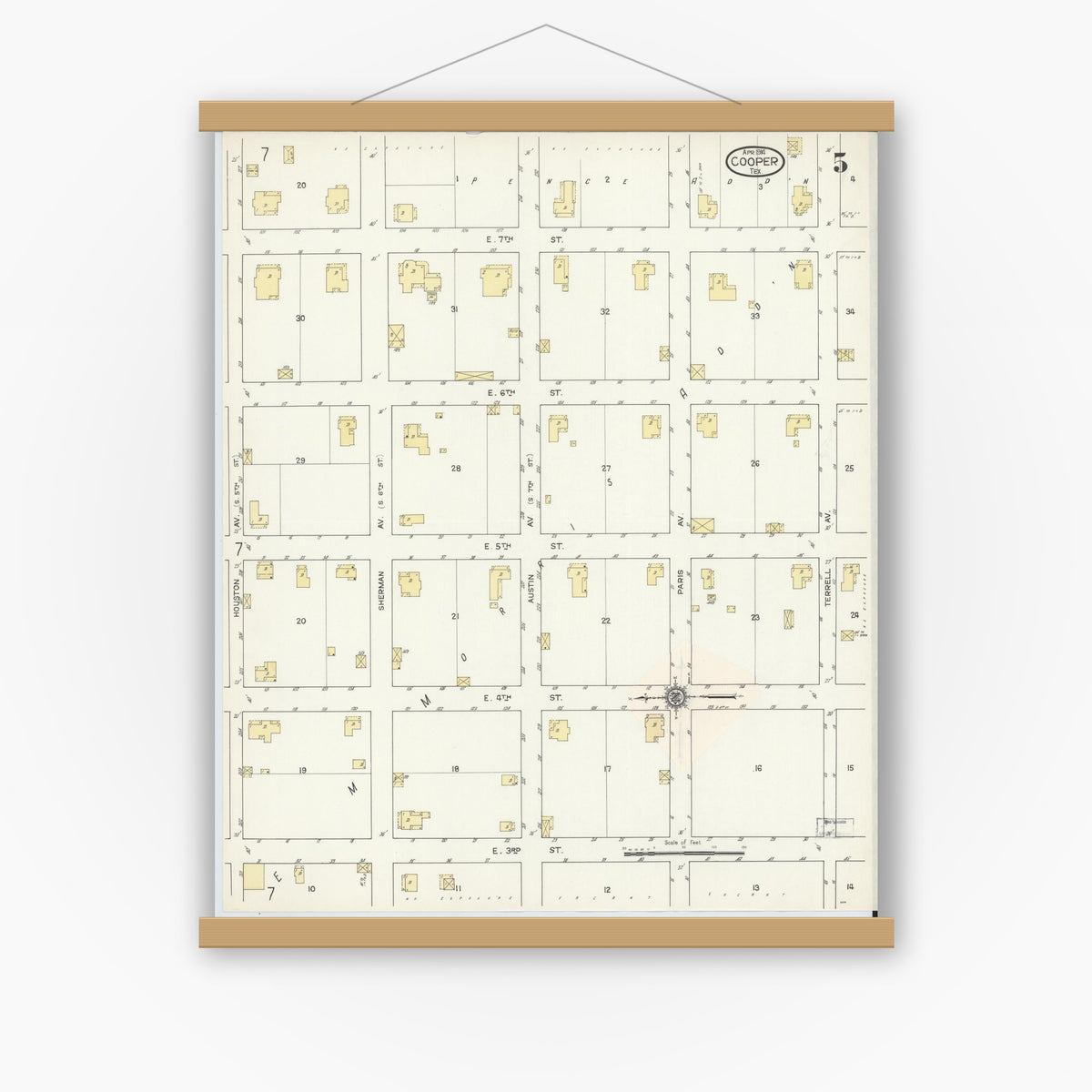 Old map wall art mockup — magnetic wood frame on white wall — Sanborn Fire Insurance Map from Cooper, Delta County, Texas (1914), Sheet #0005