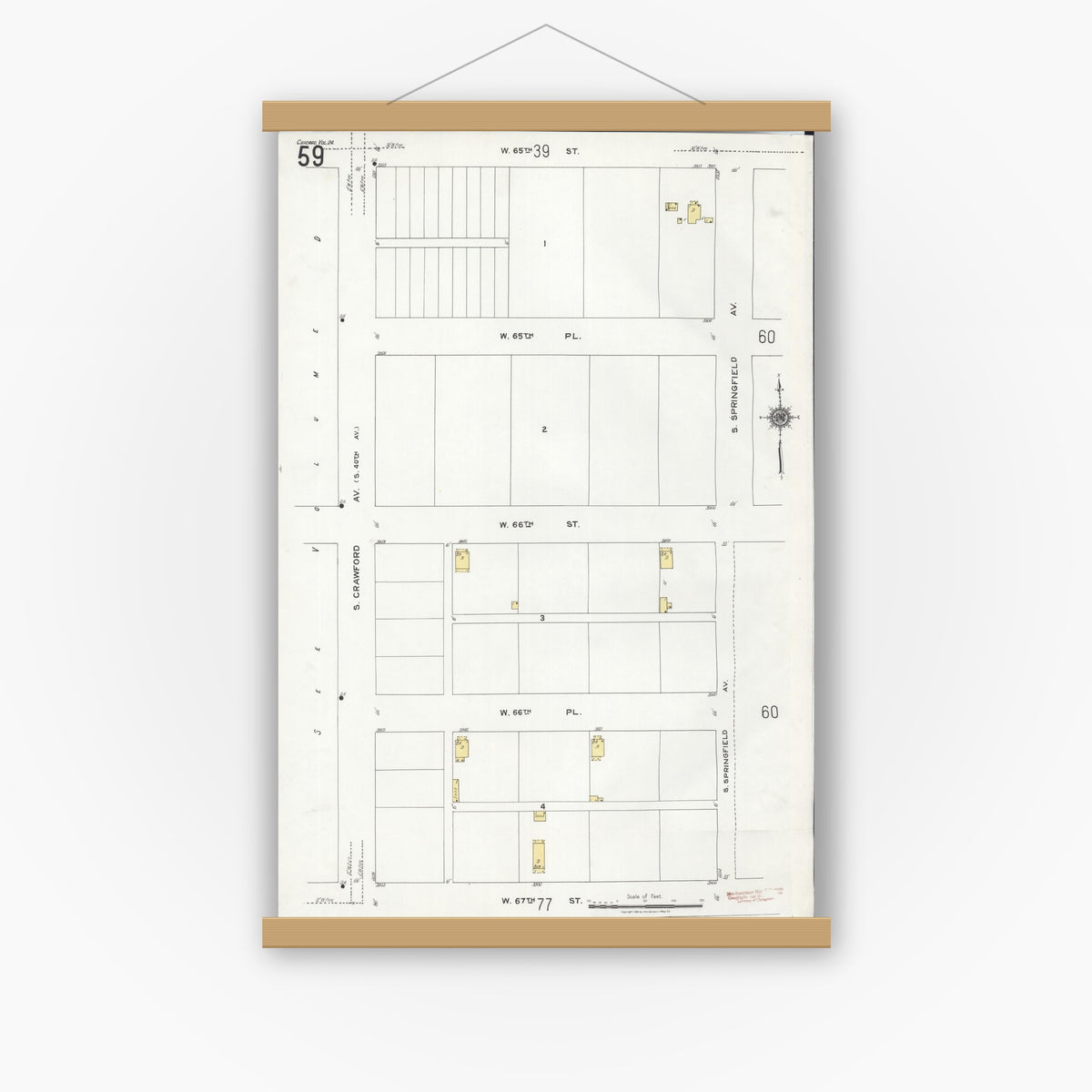 Old map wall art mockup — magnetic wood frame on white wall — Sanborn Fire Insurance Map from Chicago, Cook County, Illinois (1920), Sheet #0059