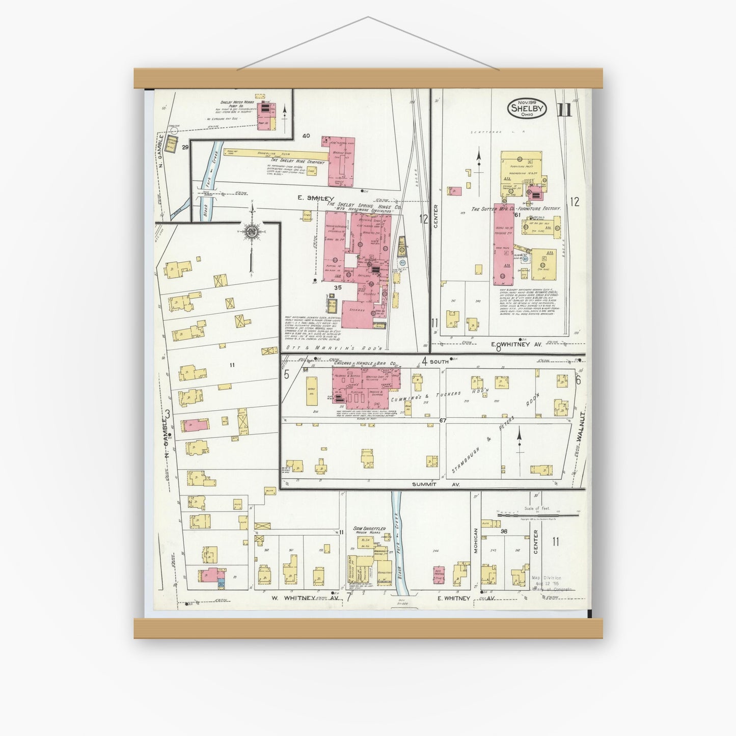 Old map wall art mockup — magnetic wood frame on white wall — Sanborn Fire Insurance Map from Shelby, Richland County, Ohio (1919), Sheet #0011