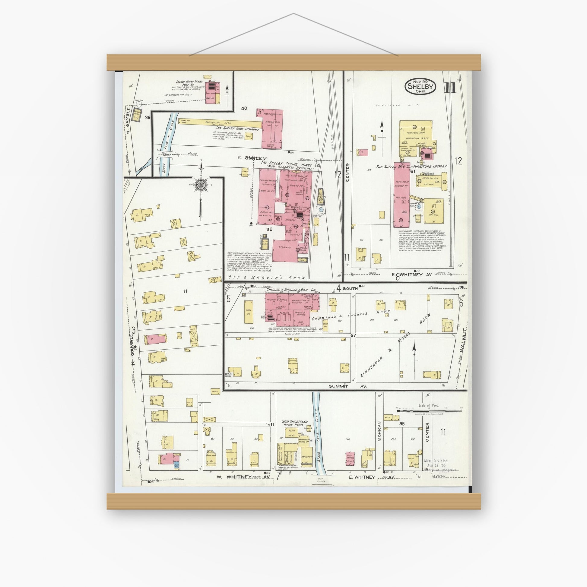 Old map wall art mockup — magnetic wood frame on white wall — Sanborn Fire Insurance Map from Shelby, Richland County, Ohio (1919), Sheet #0011